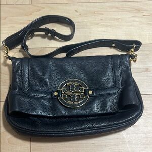 Tory Burch Black Pebbled Leather Shoulder Bag with Gold Medallion